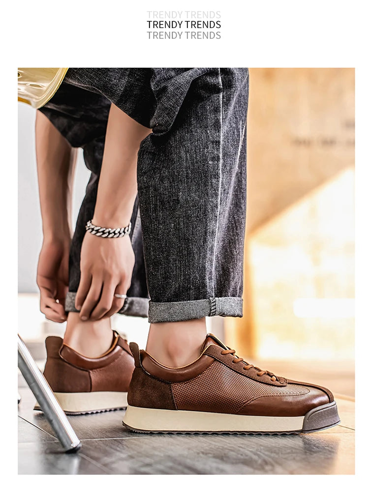 2025 Spring Men's Brown Sneaker Leather Platform Sports Shoes Men Comfortable Low Cut Casual Sneakers Man zapatillas de deporte
