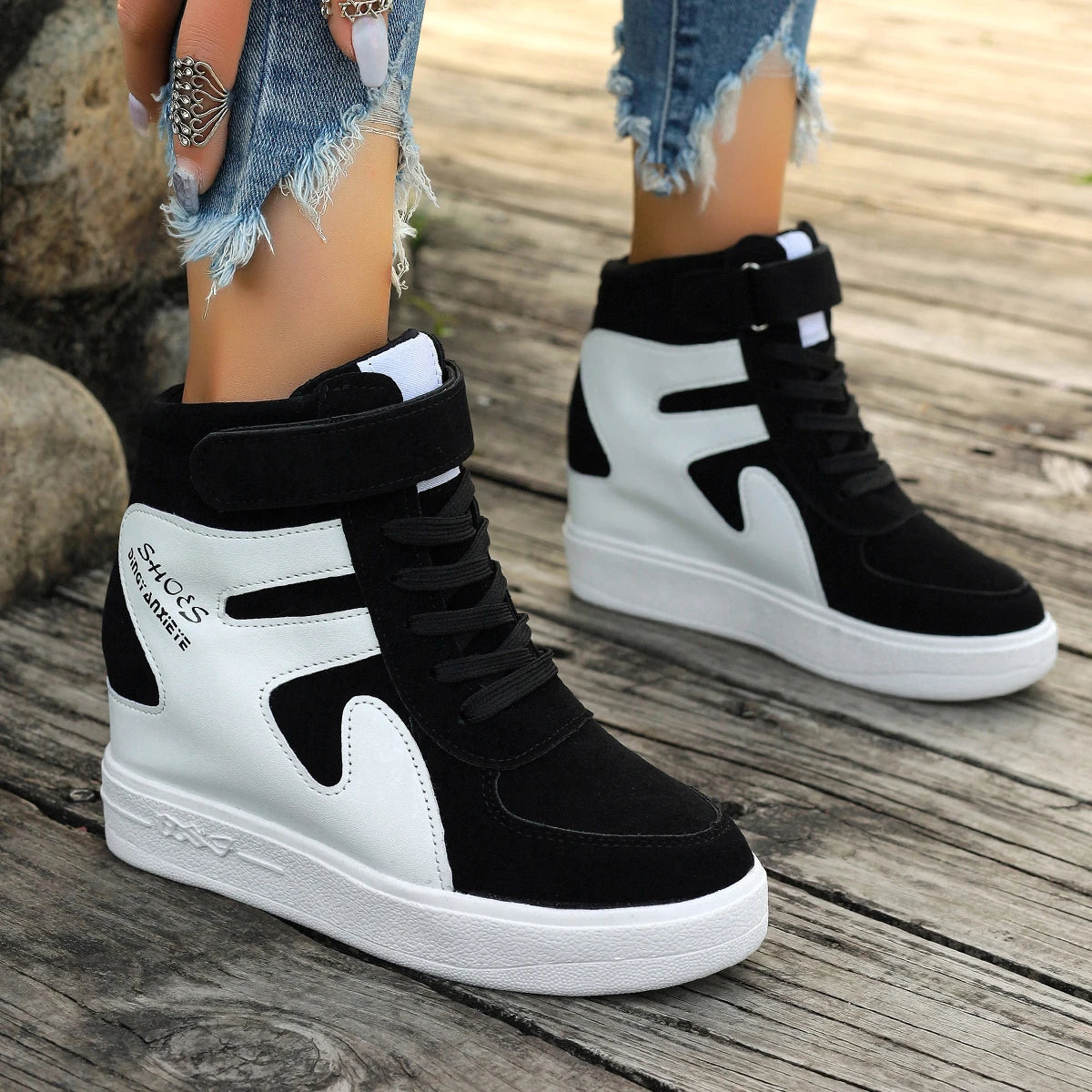 Sneakers Women New High Top Platform Casual Wedges Sneakers Autumn Winter Female Black Internal Increase Vulcanize Women Shoes