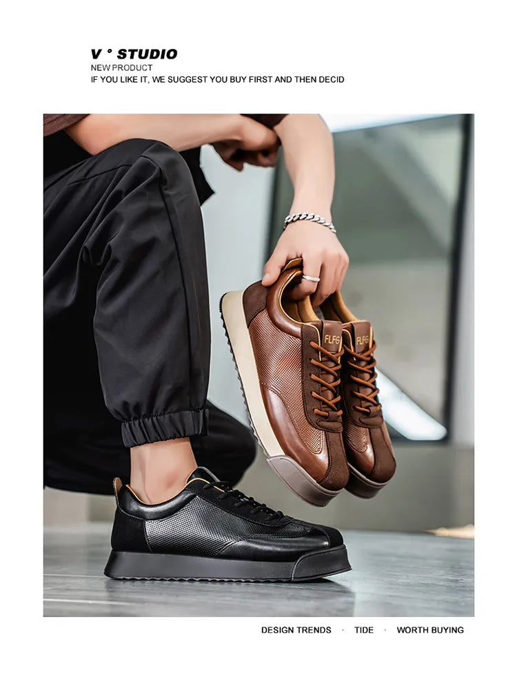 2025 Spring Men's Brown Sneaker Leather Platform Sports Shoes Men Comfortable Low Cut Casual Sneakers Man zapatillas de deporte