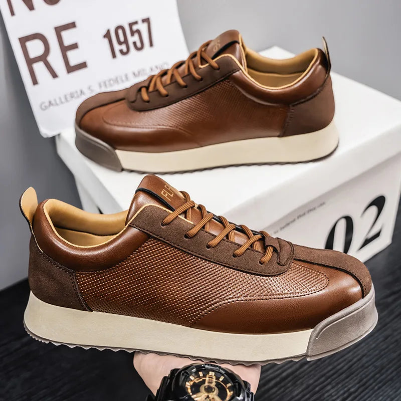 2025 Spring Men's Brown Sneaker Leather Platform Sports Shoes Men Comfortable Low Cut Casual Sneakers Man zapatillas de deporte