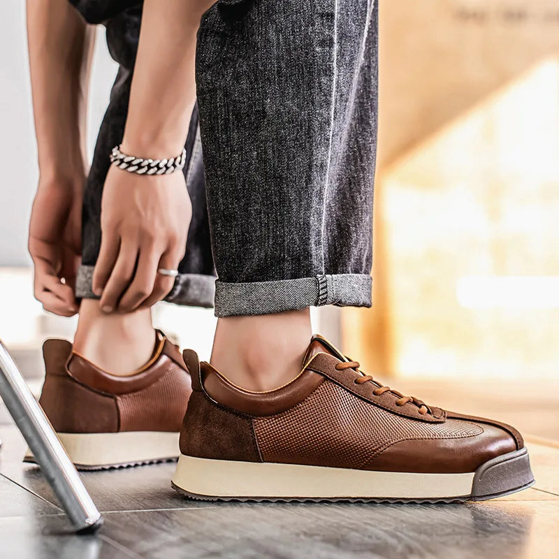 2025 Spring Men's Brown Sneaker Leather Platform Sports Shoes Men Comfortable Low Cut Casual Sneakers Man zapatillas de deporte
