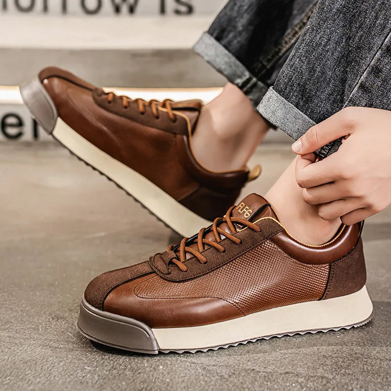 2025 Spring Men's Brown Sneaker Leather Platform Sports Shoes Men Comfortable Low Cut Casual Sneakers Man zapatillas de deporte